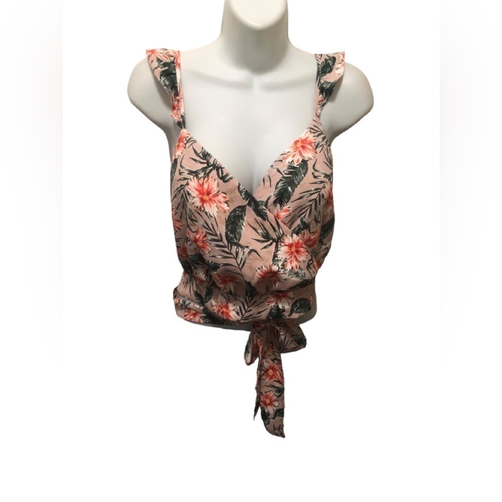 Express VTG Y2K Hawaiian Print Wrap Style Crop Top M Smock Back Floral Ruffles